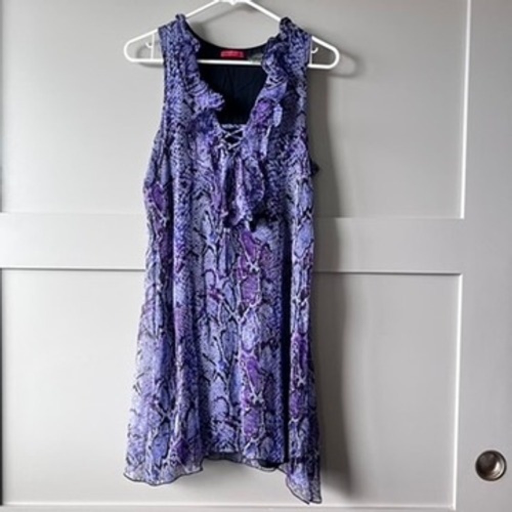 linQ Purple Snakeskin Print Ruffle Lace Up Sleeveless Dress Silk Womens‎ Small